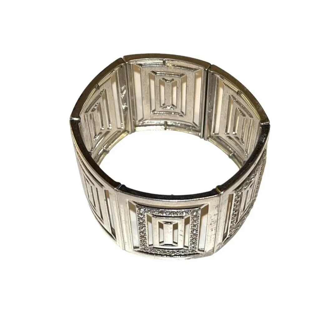 Silver Cube Block Clear Rhinestone MCM Retro Prom Bridal Stretch Bracelet